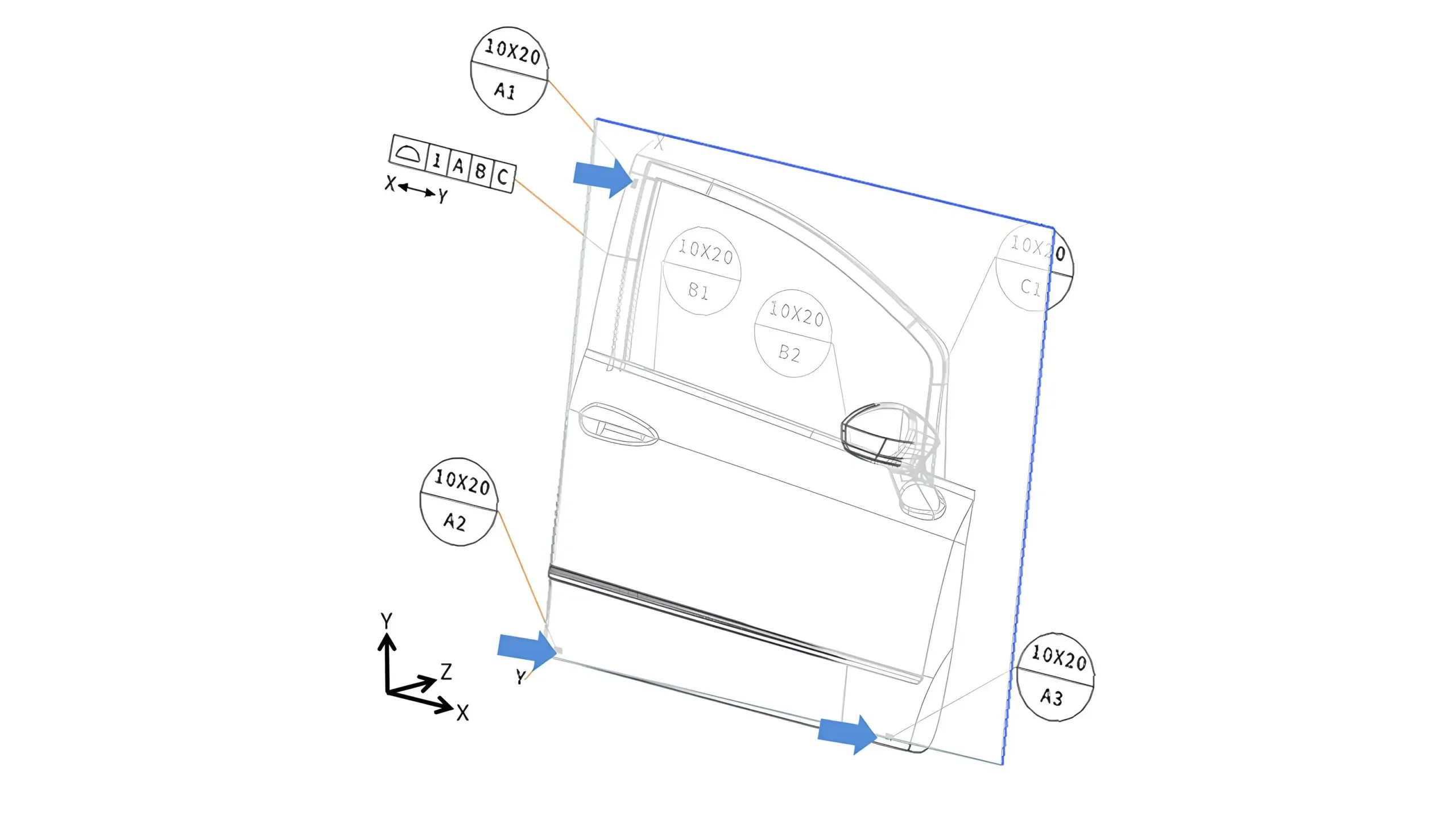 Primary datum plane defined by three datum target areas (A1, A2, A3)