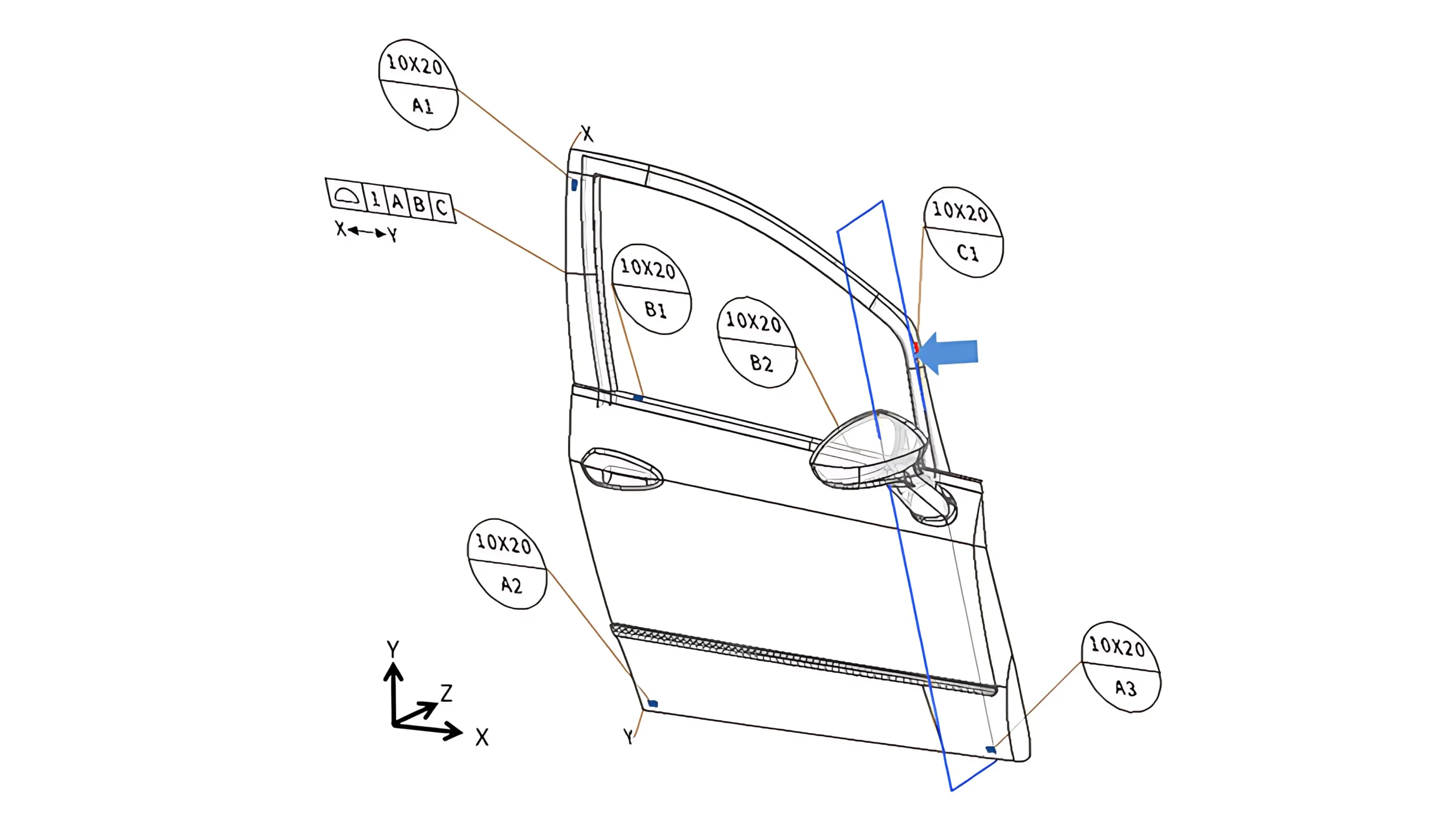 Tertiary datum plane defined by one target area (C1)