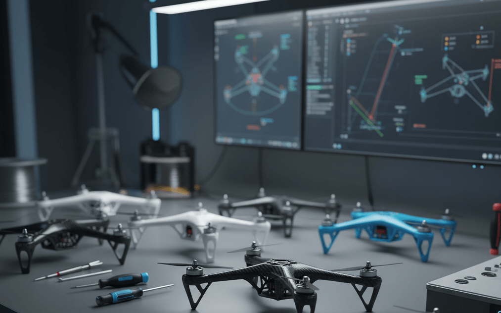 3.Carbon fiber, aluminum, and engineering plastic drone prototypes on a workbench