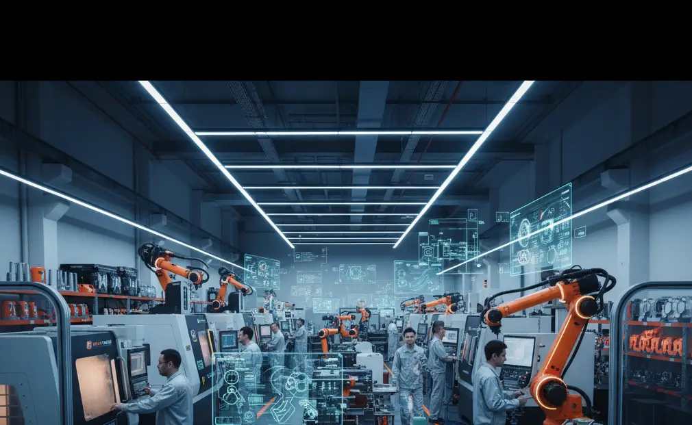 Modern Chinese CNC factory with engineers operating machines and robotic arms