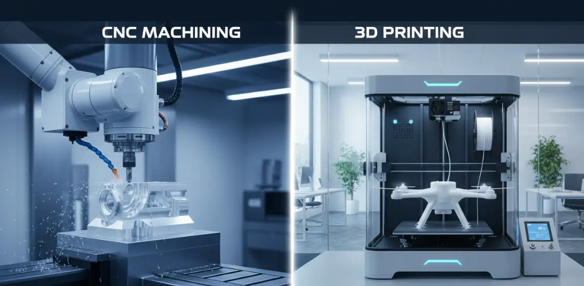 Comparison of 3D printing and CNC machining in a modern workshop, showing a 3D printer building a prototype and a CNC machine cutting metal