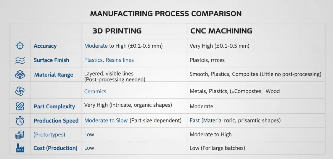 Comparison infographic illustrating key differences between 3D printing and CNC machining, including accuracy, surface finish, and cost