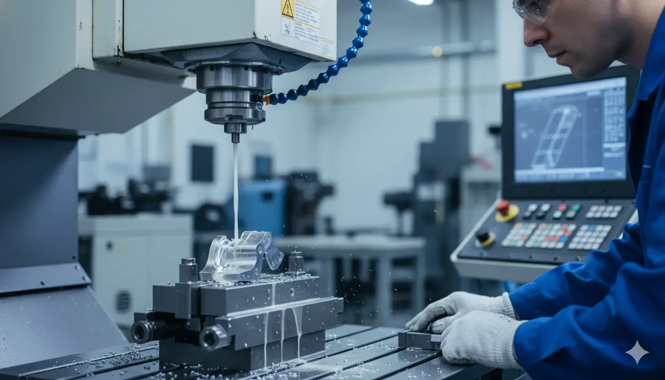 Engineer operating 5-axis CNC milling machine for small batch prototype production with tight tolerances and precision performance