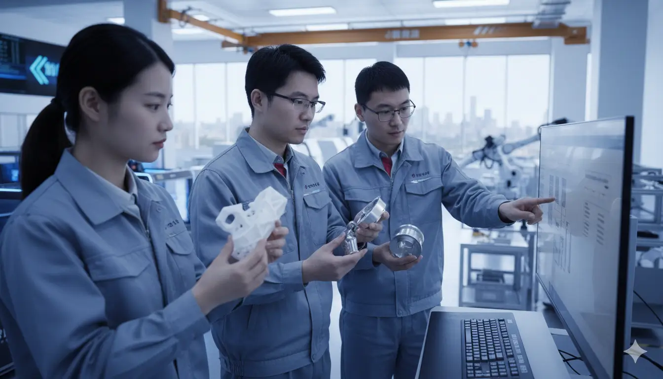 3.Chinese engineers working on CNC machined and 3D printed prototypes in a modern rapid prototyping facility