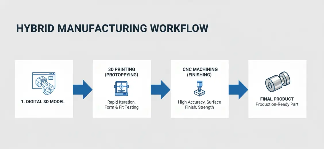 Hybrid manufacturing workflow showing 3D printing for prototypes and CNC machining for final components