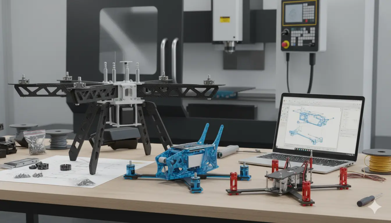 Carbon fiber, aluminum, and engineering plastic drone prototypes on a workbench, showcasing precision CNC machining