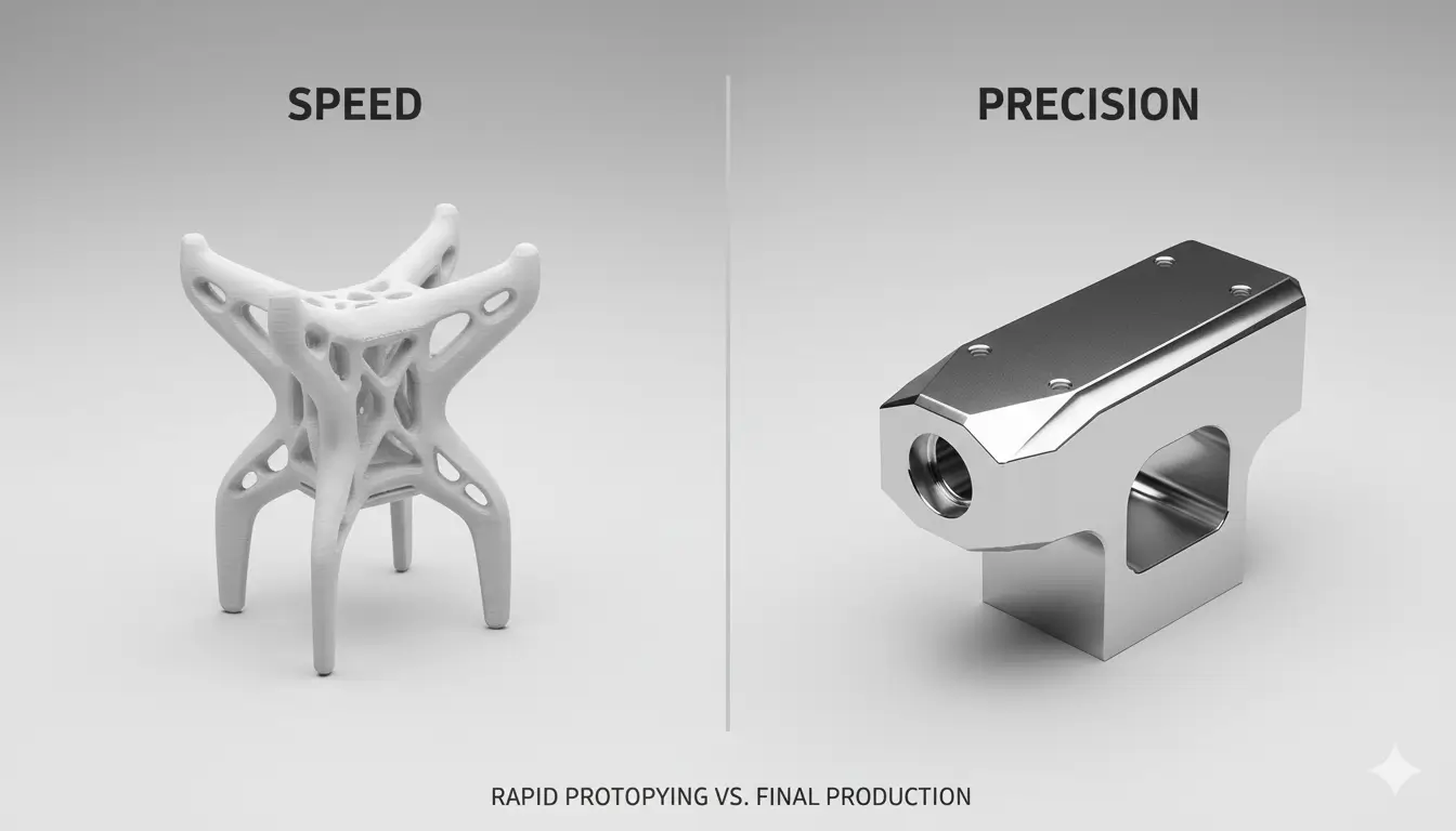 Side-by-side comparison of a 3D-printed prototype and a CNC-machined metal part, representing speed versus precision