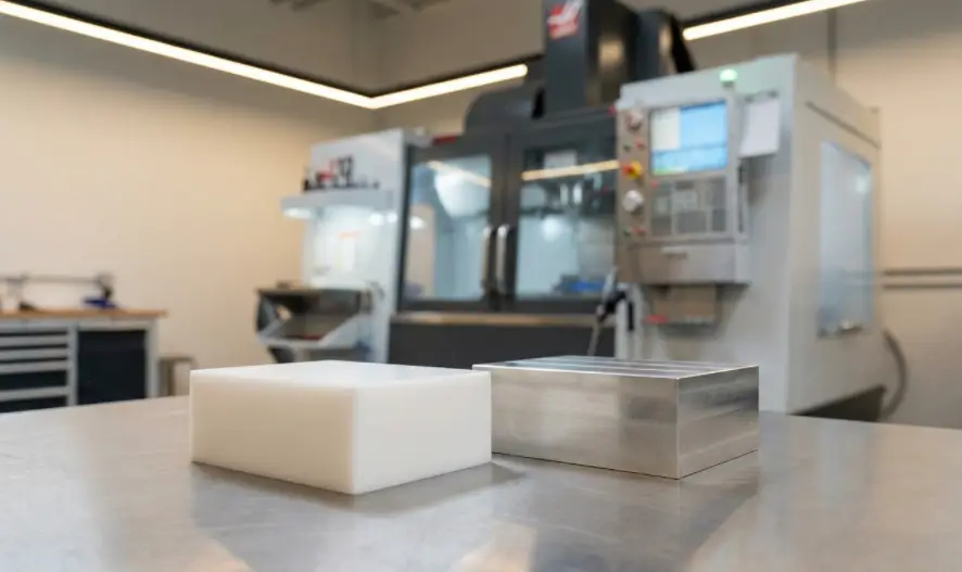 ABS vs Aluminum comparison for CNC prototypes with materials displayed side-by-side in a CNC workshop.