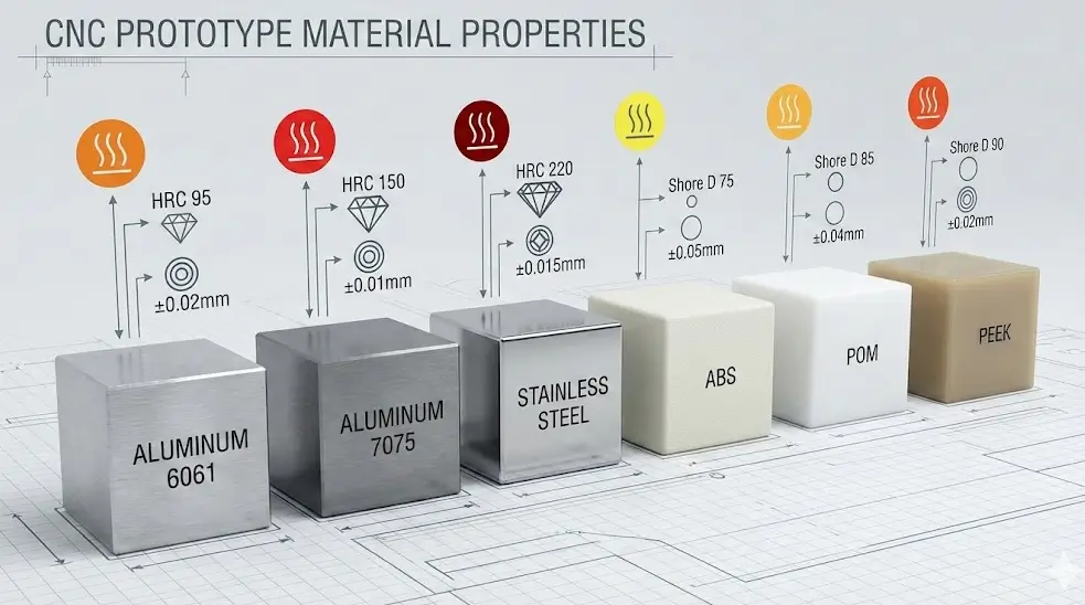 Material comparison chart showing aluminum, stainless steel, ABS, POM, and PEEK with indicators for hardness, thermal behavior, and machinability for CNC prototype performance