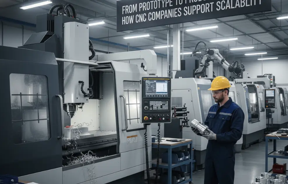 Modern CNC machining setup showing transition from prototype part to full production batch