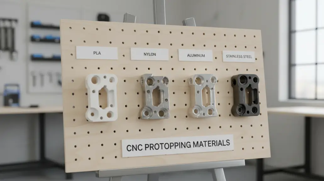 CNC prototyping materials-PLA, Nylon, Aluminum, and Stainless Steel samples comparison