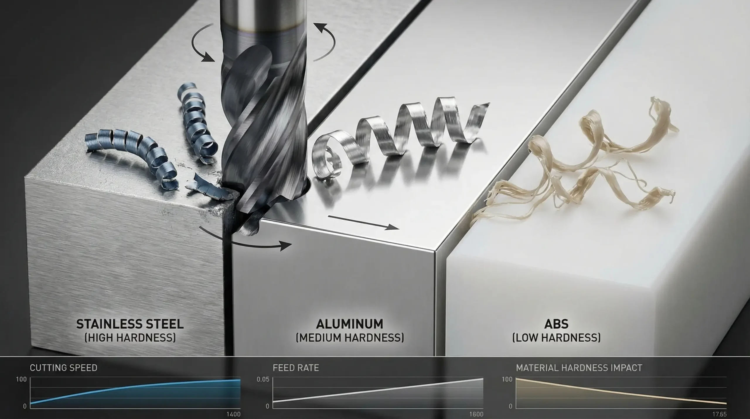 Comparison of CNC machining stainless steel, aluminum, and ABS showing how different hardness levels affect tool friction and surface finish.