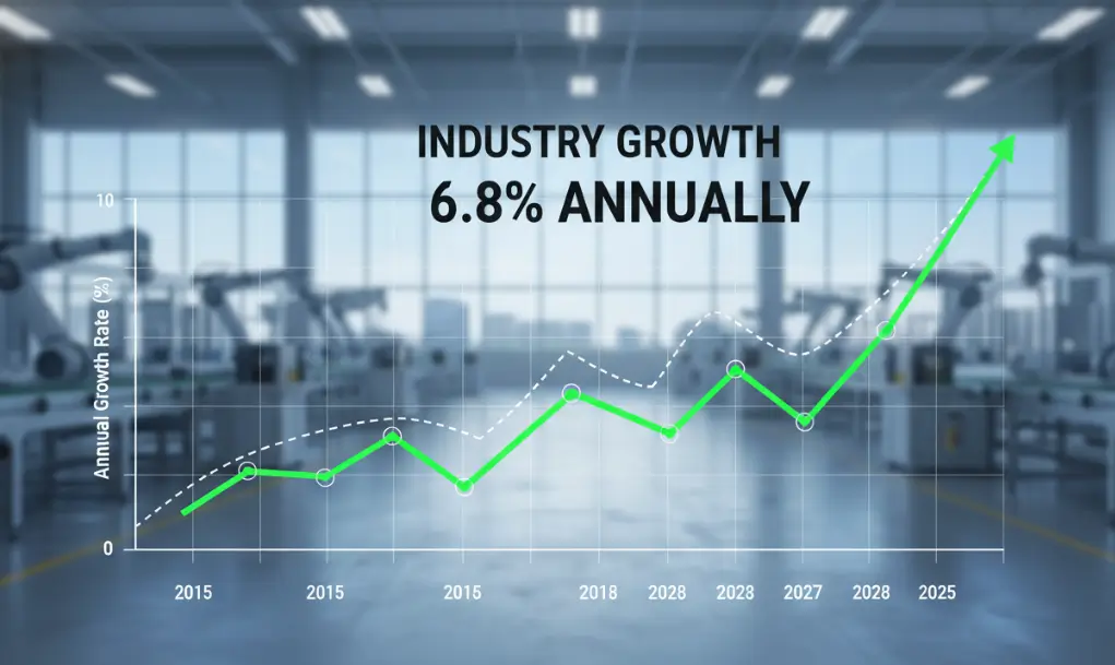 Growth chart of China's CNC prototyping industry from 2020 to 2025 with industrial factory background