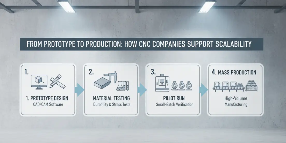 Infographic illustrating the process from CNC prototype to mass production