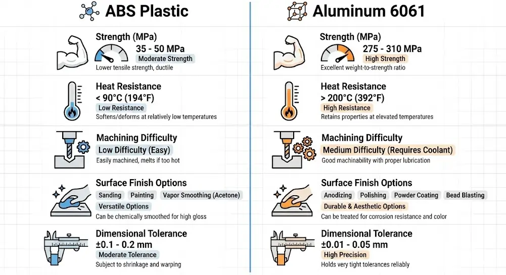 Technical comparison chart showing ABS and Aluminum material properties for CNC prototyping.