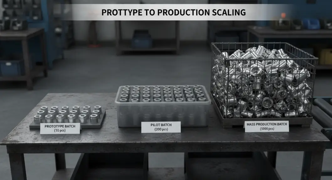 Comparison of CNC prototype, pilot run, and mass production batches