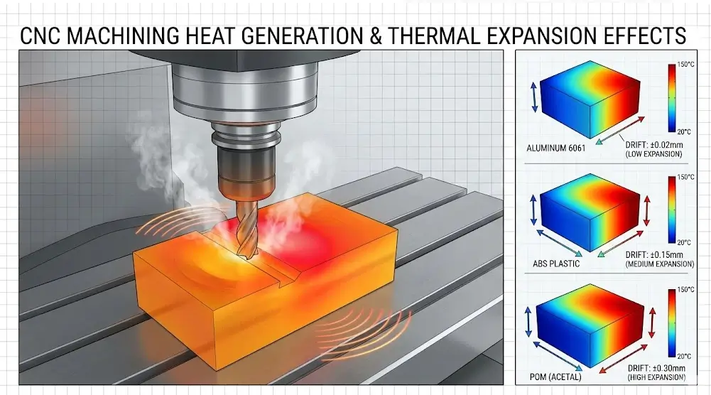Thermal expansion comparison of aluminum, ABS, and POM during CNC machining, showing how heat affects dimensional accuracy and tolerance stability