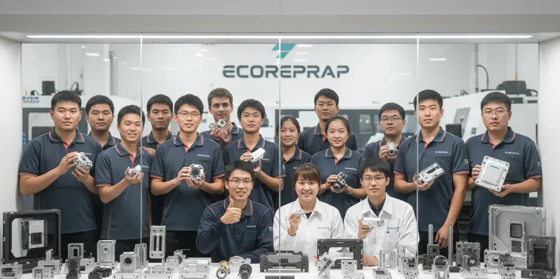 Ecoreprap team with over 10 years of CNC prototyping experience in China, delivering high-quality prototypes for automotive, aerospace, and electronics clients