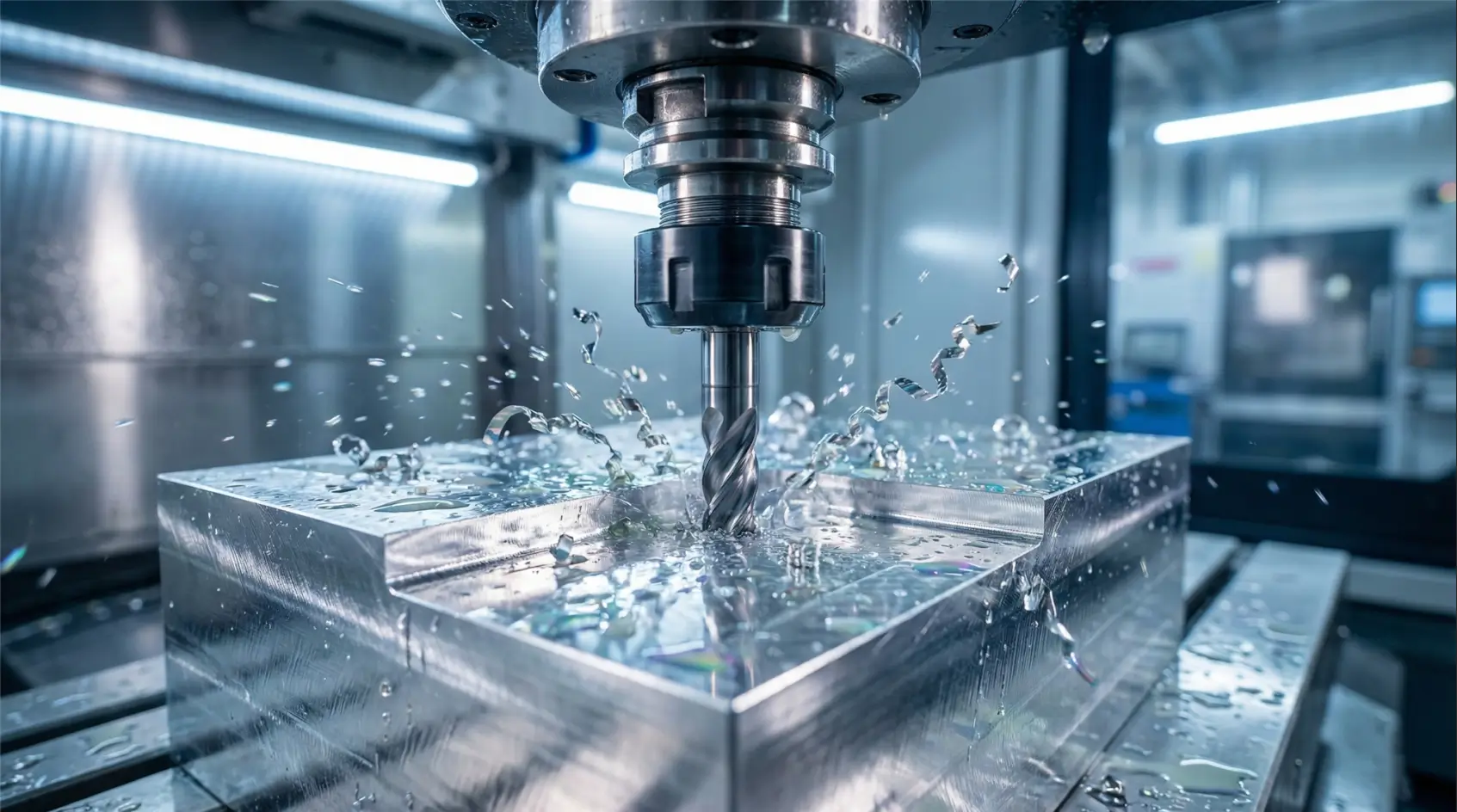 CNC milling aluminum 6061 with metallic chips and high-precision cutting details.