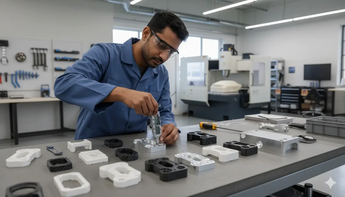 Engineer examining materials for CNC fabricated prototypes on workbench