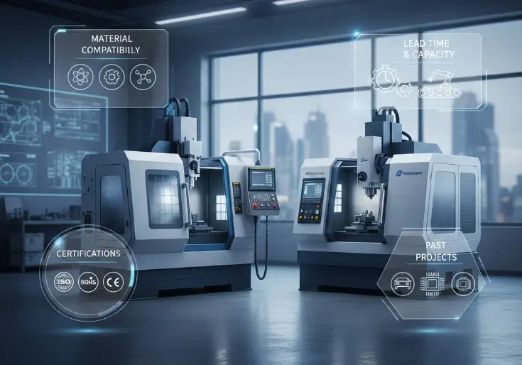 Infographic-style image showing how to choose a CNC prototyping service, including material compatibility, lead time, certifications, and past project experience, with CNC machines in a modern workshop.
