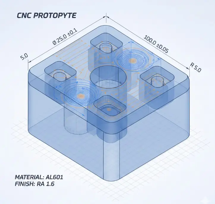 3D CAD model showing optimized geometry and tolerances for CNC prototyping