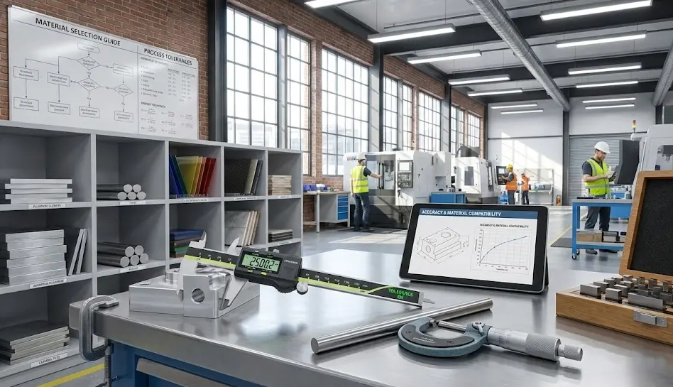Realistic manufacturing scene highlighting accuracy measurement and material compatibility, showing precision tools inspecting a part alongside multiple metal, plastic, and composite material samples