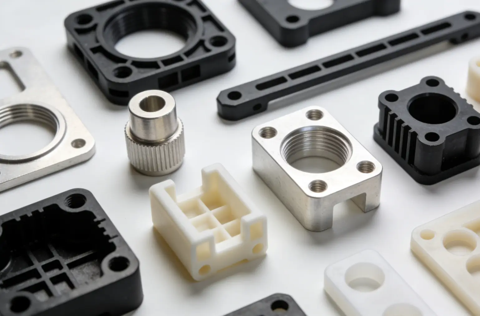 Several functional prototype parts made from different materials