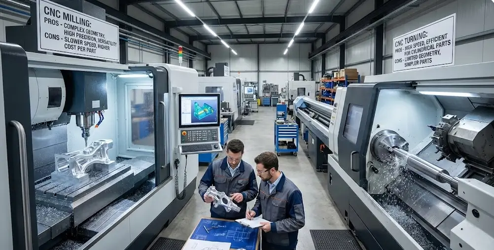 CNC Milling vs CNC Turning in a workshop highlighting pros and cons