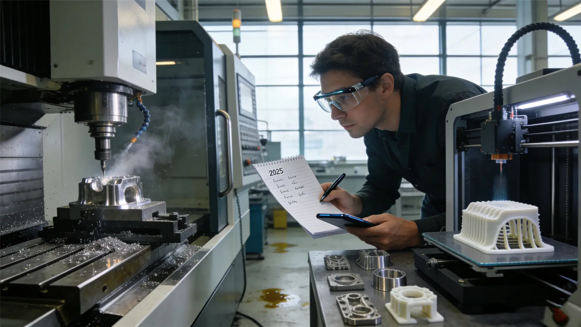 CNC rapid prototyping cost illustration for 2025, showing machines, prototypes, and cost charts.