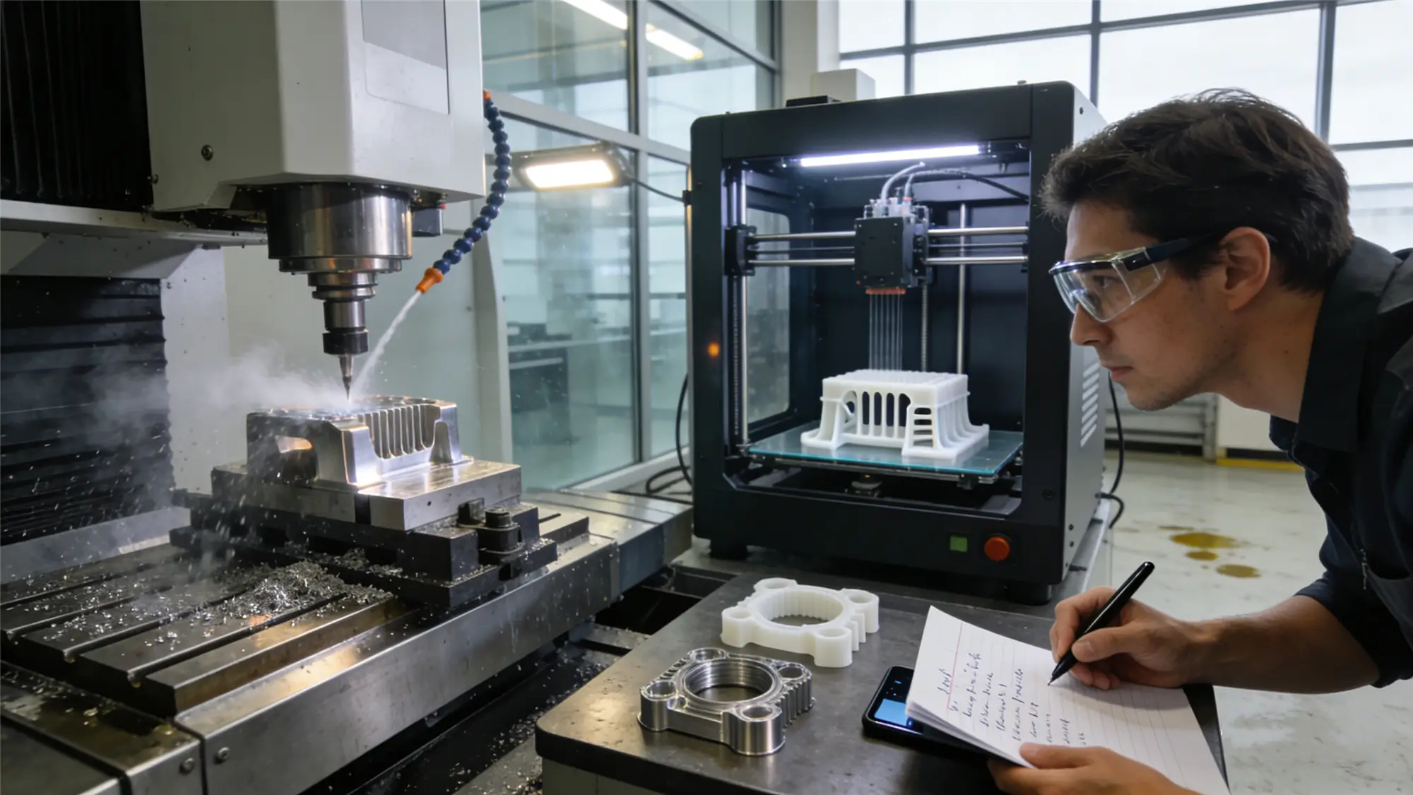 Comparison of CNC rapid prototyping and 3D printing in 2025, showing production and analysis in a modern workshop.