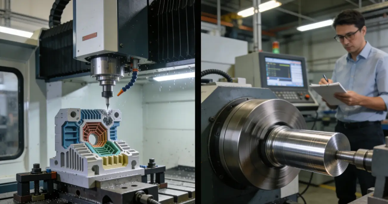 Side-by-side comparison of CNC Milling and Turning in a realistic workshop, highlighting precision and speed differences.