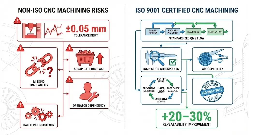 Comparison of ISO 9001 certified vs non-certified CNC machining risks in UAV manufacturing