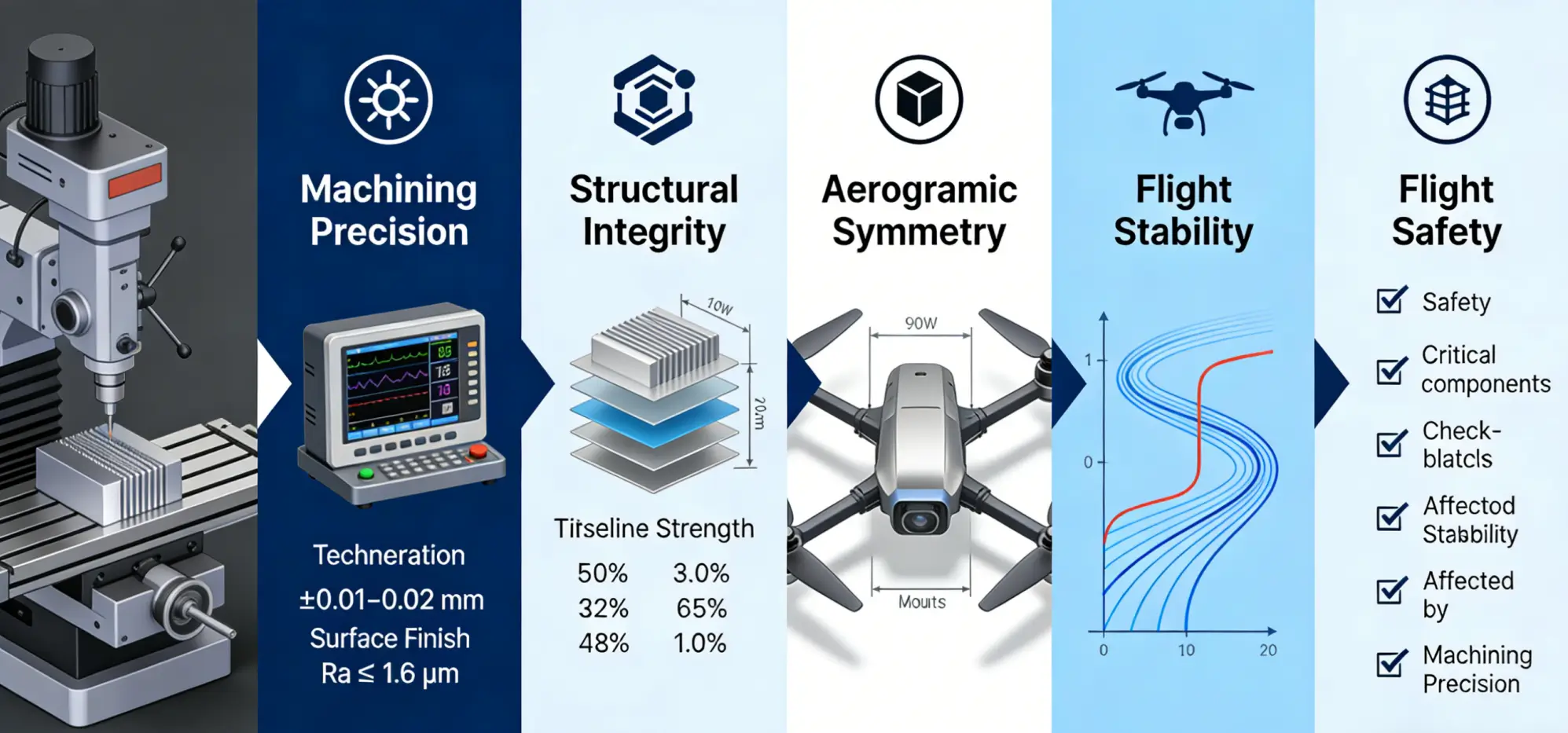 Diagram explaining how high-precision CNC machining directly affects structural accuracy, aerodynamic symmetry, and flight reliability of UAV aluminum components.