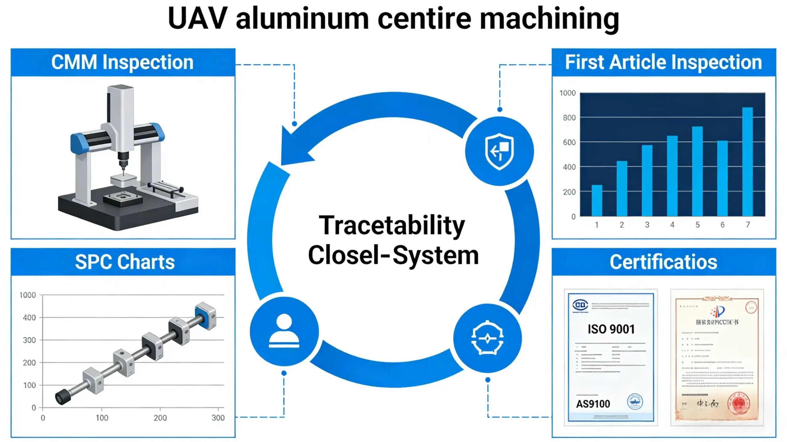CMM inspection, FAI, SPC, and AS9100 certification in high-precision CNC machining of UAV aluminum parts