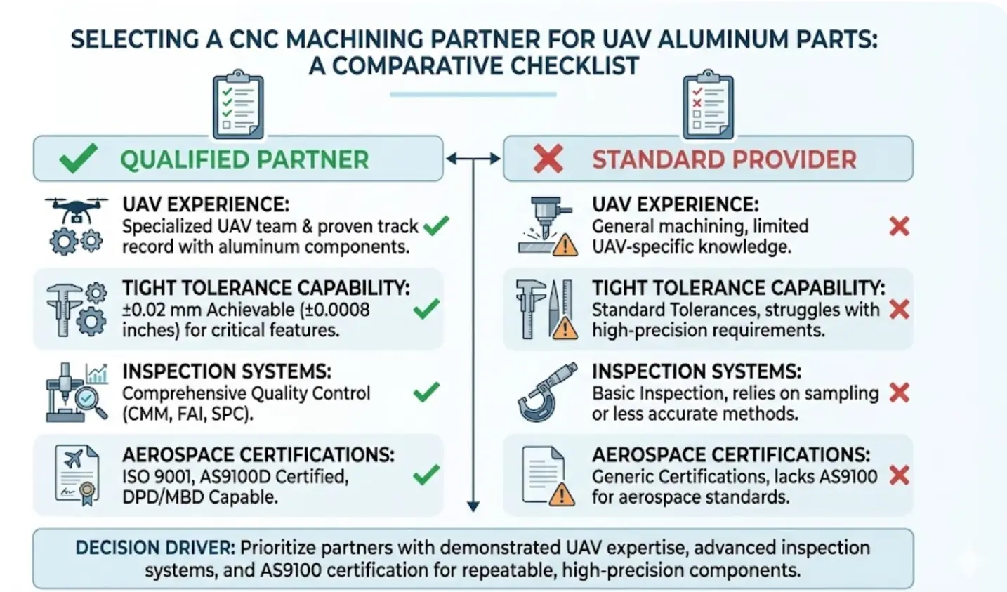 Checklist infographic showing how to evaluate a CNC machining supplier for high-precision UAV aluminum components.