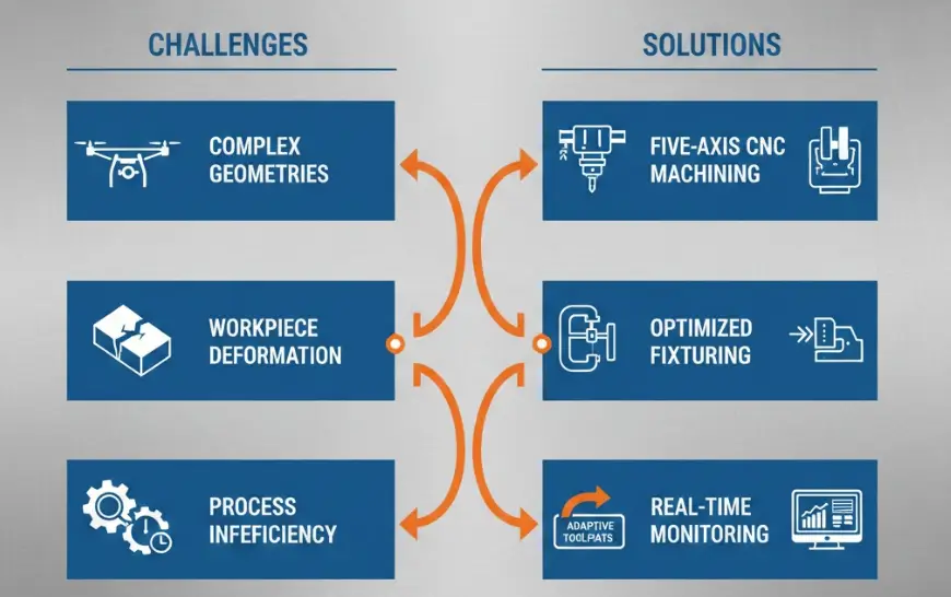 Visual explanation of five-axis machining, optimized fixturing, and adaptive toolpaths used to achieve high-precision UAV aluminum CNC machining.
